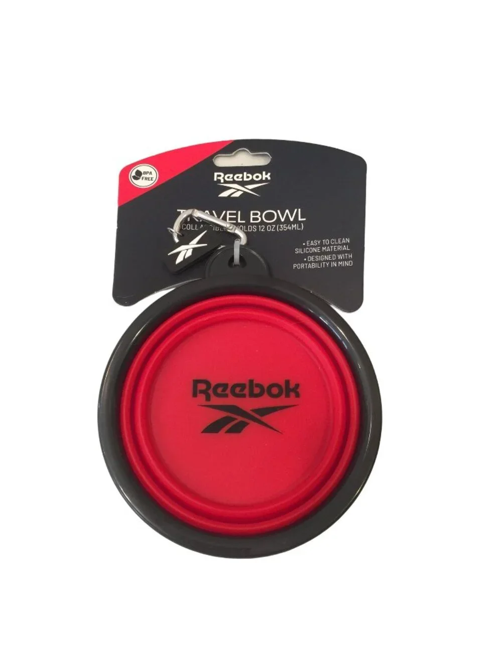 REEBOK Travel Pet Bowl Red Expandable Silicone BPA FREE Silvertone Carabiner Hol